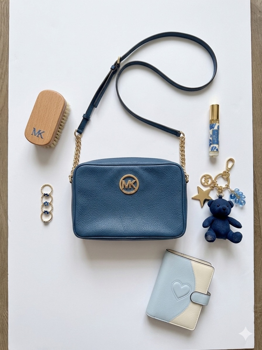 Michael Kors Navy Blue Pebbled Leather Crossbody with Gold MK Emblem